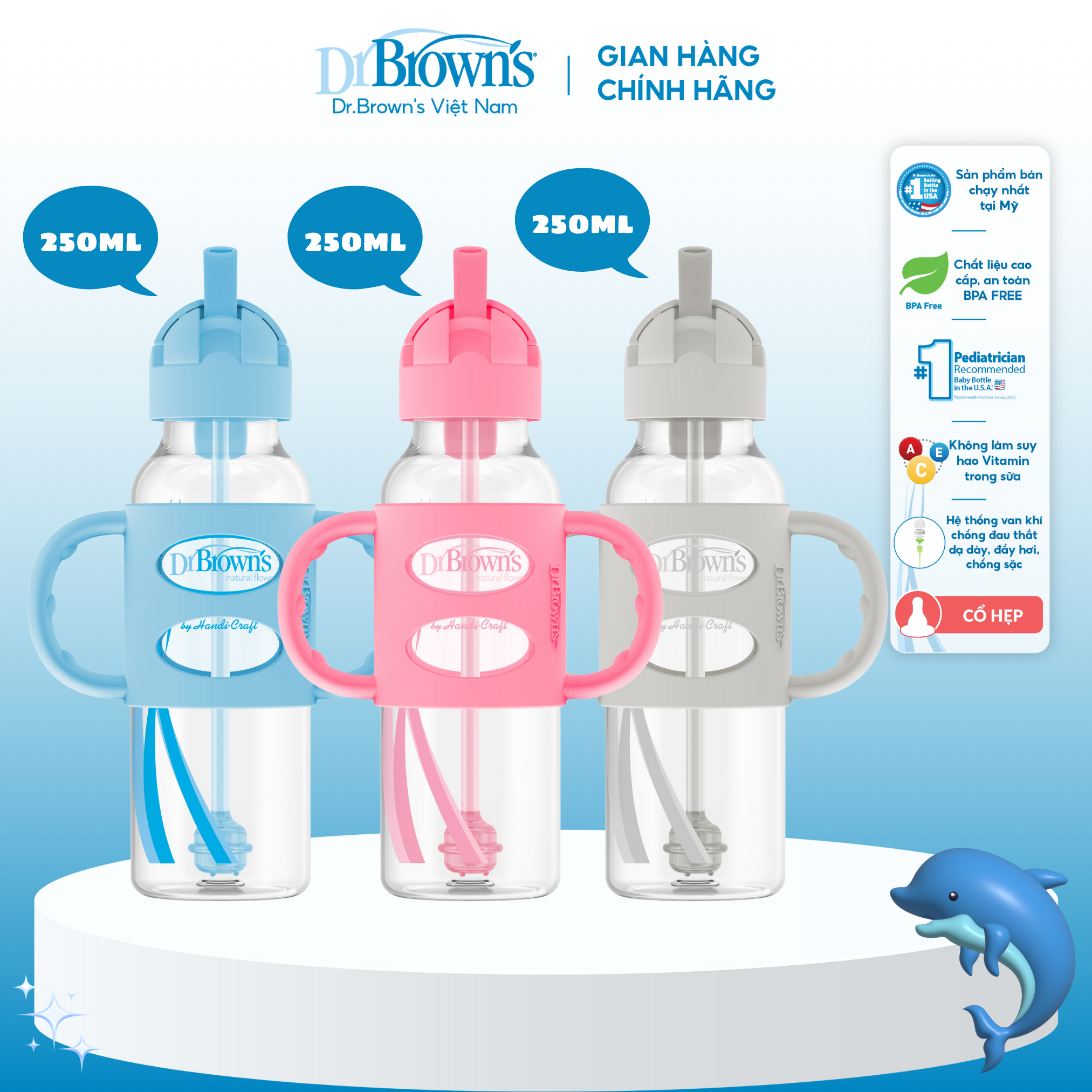 Bình sữa nhựa PP, hai tay cầm và ống hút silicone, cổ thường Dr Brown's 250ml - Hồng, Xanh, Ghi
