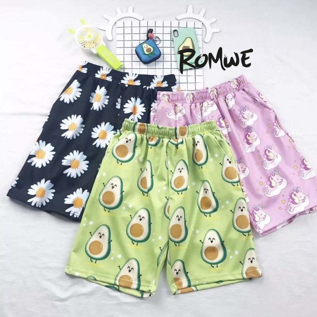 Quần đùi nữ ROMWE hoạt hình họa tiết cute nhiều mẫu lưng chun co giãn