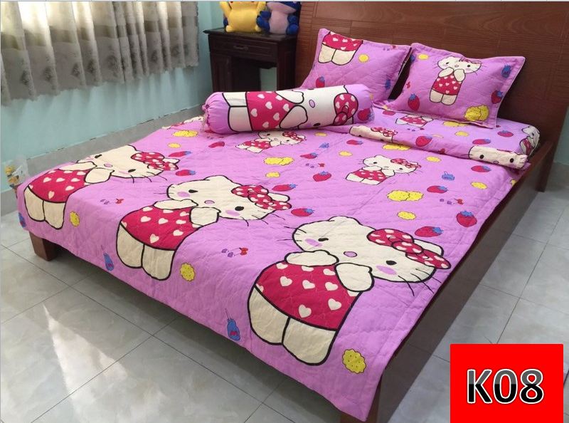 [HCM]Bộ Chăn Ga Gối 5 món Cotton Poly Hello Kitty 1m8 x 2m x 10cm