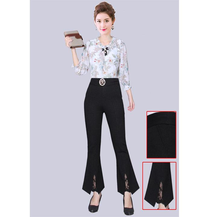[HCM]Quần thun ống loe lưng cao xẻ lai phối ren chất rất đẹp kèm hình thật