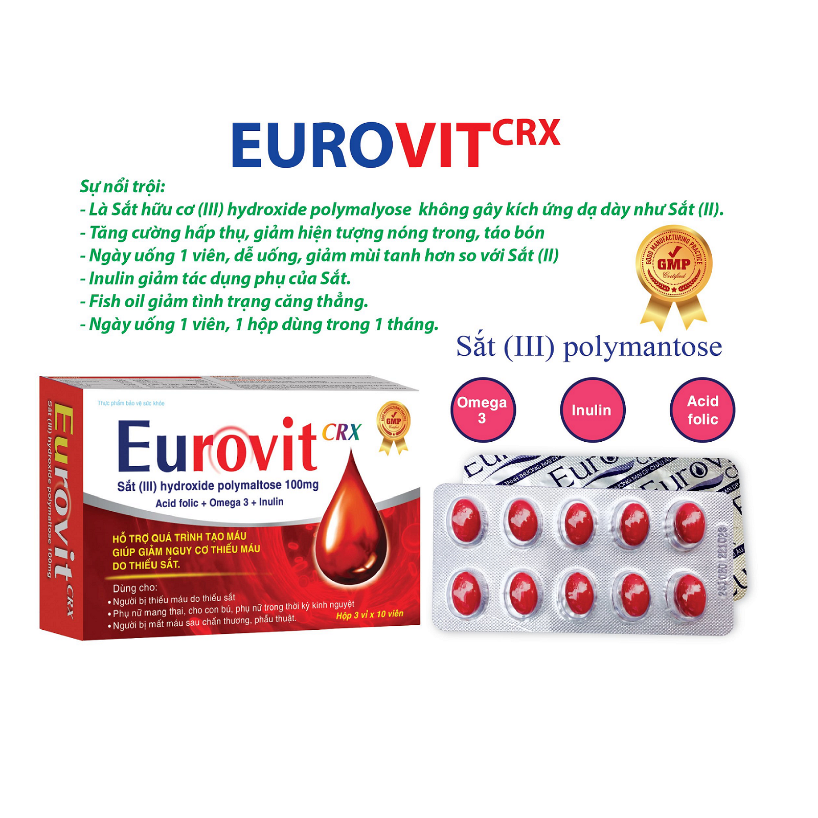 Viên Bổ Máu Eurovit – Bổ Sung Sắt III – Acid Folic – Không Nóng, Không Táo Bón – Bổ Sung Sắt Cho Người Thiếu Máu – Đau Đầu – Hoa Mắt Chóng Mặt – Phụ Nữ Có Thai Và Cho Con Bú – Hộp 100 Viên