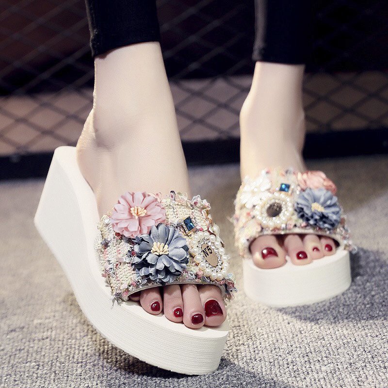 Dép nữ quai ngang đế xuồng cao 6cm đính ren hoa thời trang cao cấp