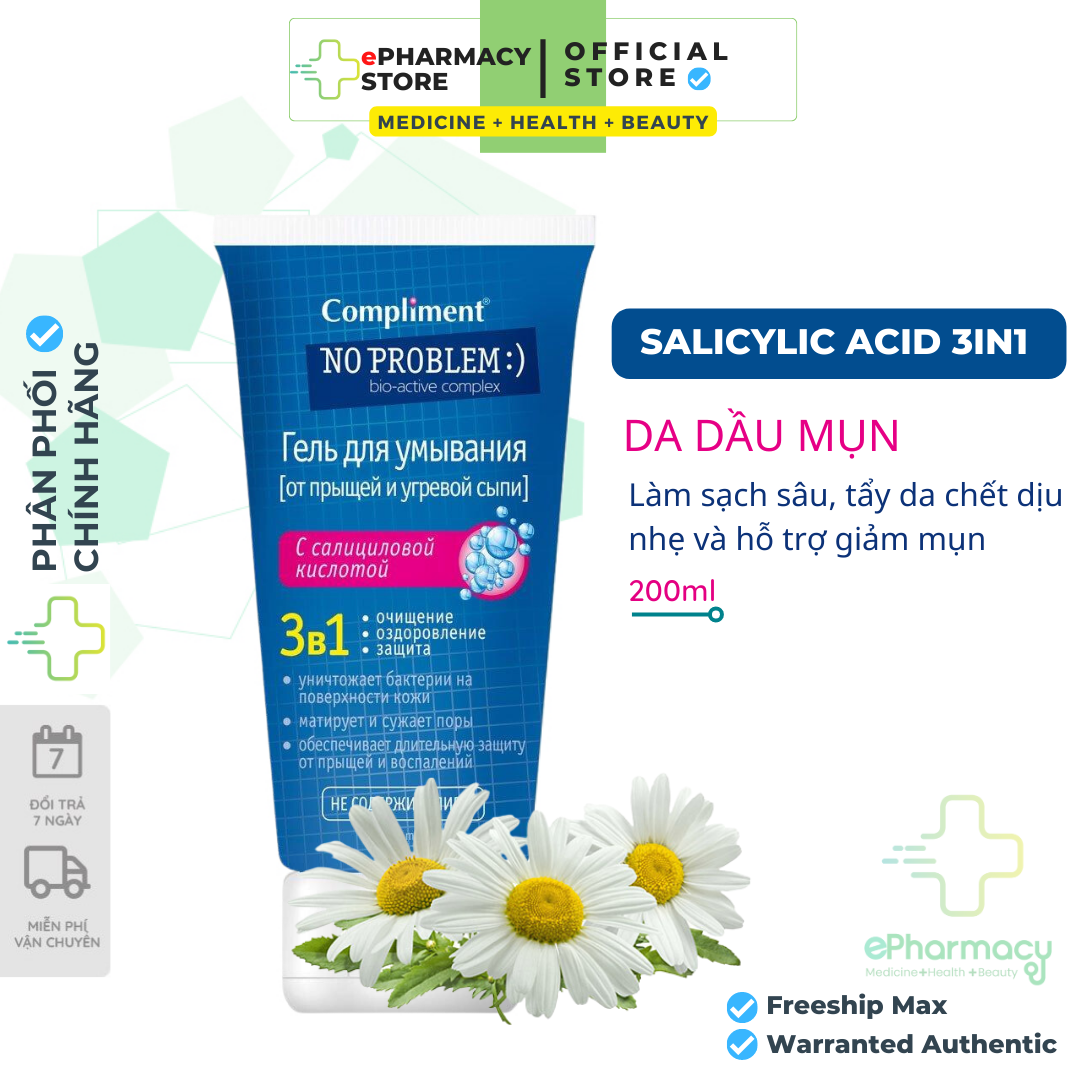 Gel Rửa Mặt Giảm Mụn Compliment No Problem Salicylic Acid 3in1 không cồn (Hồng) 200ml