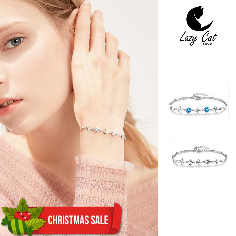 Lắc tay nữ vòng tay bạc cao cấp đính đá Hàn quốc kim cương 2 màu xanh / trắng