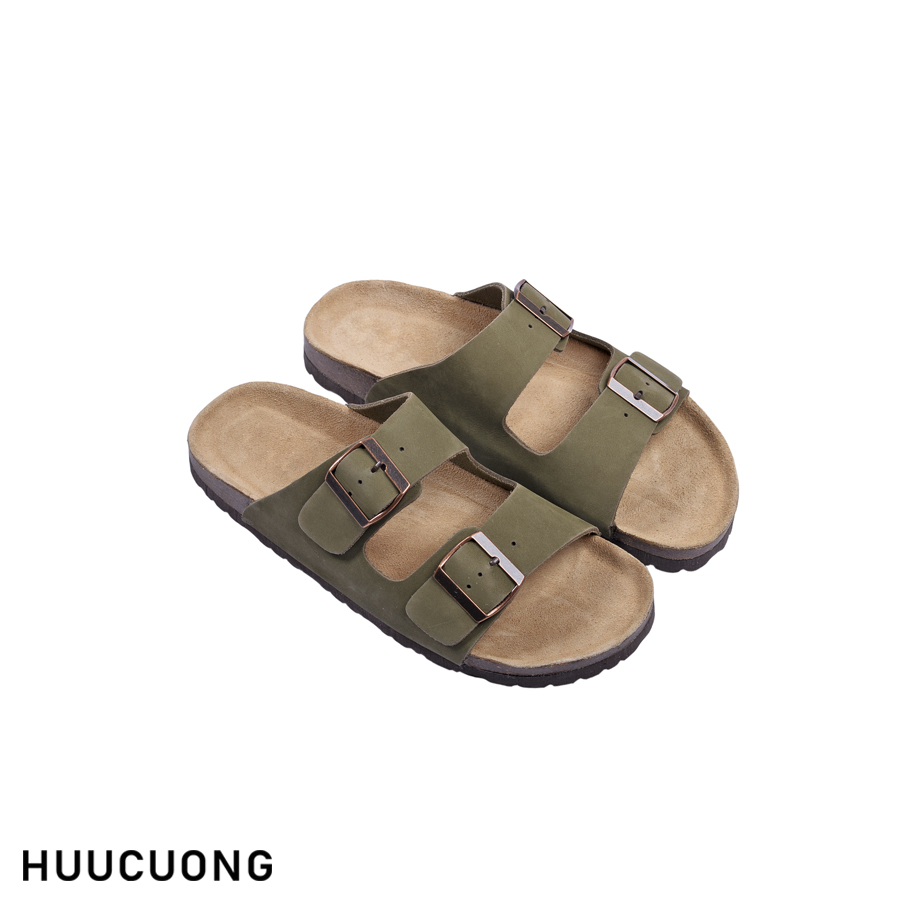 Dép unisex 2 khóa da bò rêu đế trấu