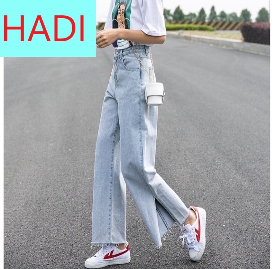 [FREESHIP ] QUẦN JEAN ỐNG RỘNG NỮ LƯNG CAO MÀU XANH NHẠT XẺ 2 CHÂN CÁ TÍNH HADI
