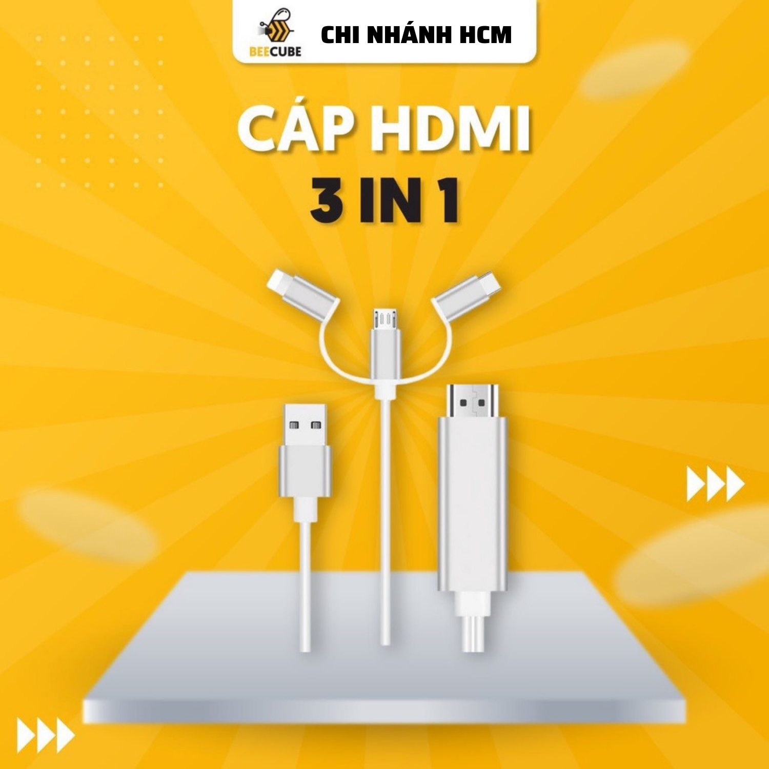 Cáp mhl 3 in 1 kêt nối điện thoại với máy chiếu, tv dài 1,8m - beecube