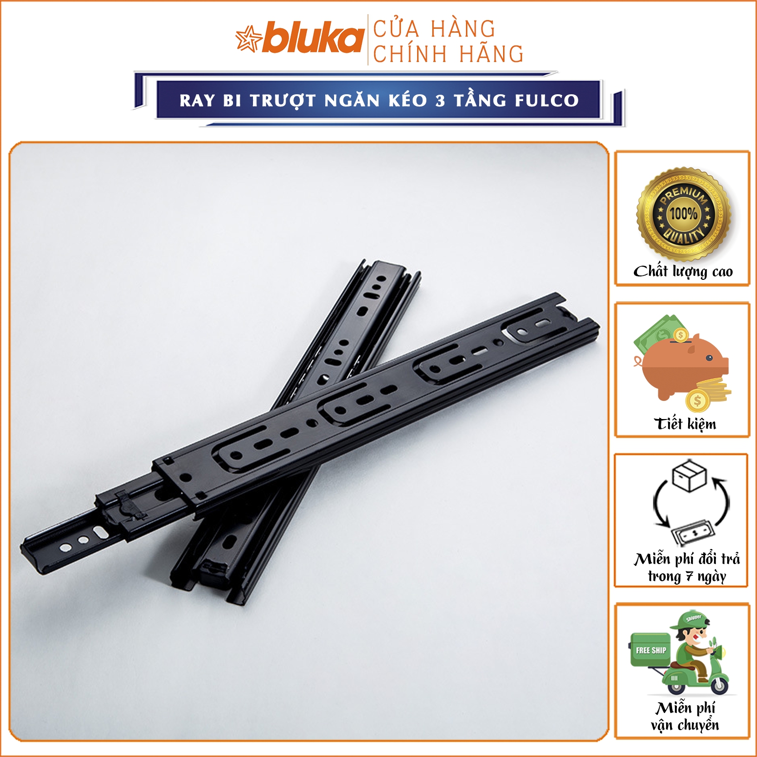 Ray trượt ngăn kéo 3 tầng, thanh ray bi cho hộc tủ bluka
