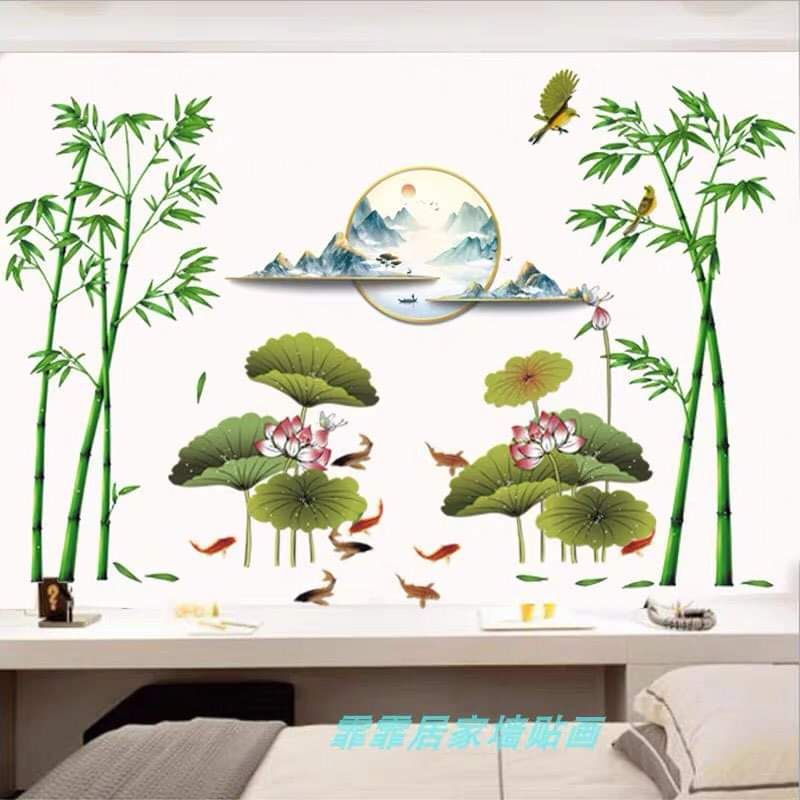 Tranh dán tường, decal dán tường đầm sen, trúc xanh và trăng