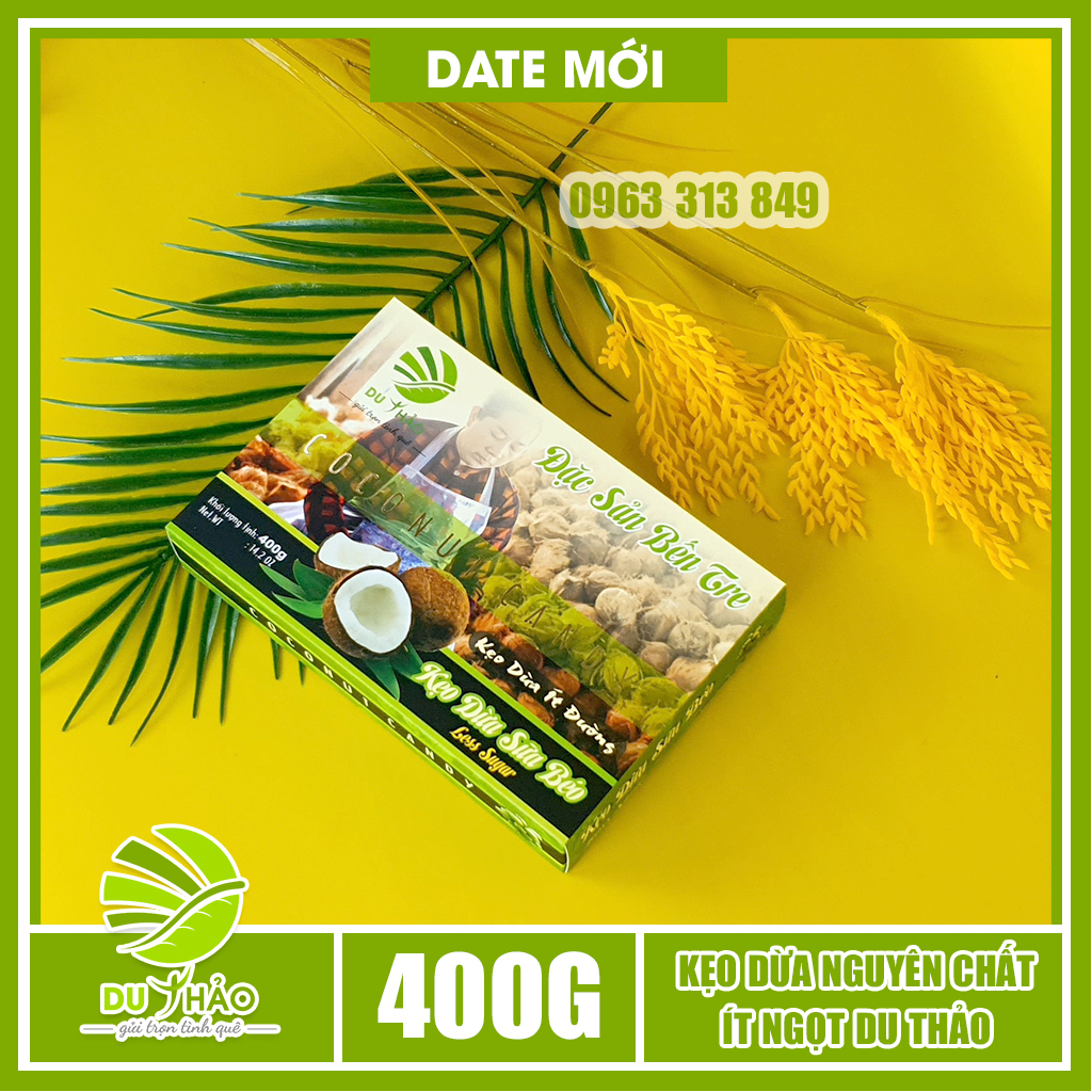 Kẹo dừa nguyên chất Bến Tre ít ngọt Du Thảo 400gr, đặc sản Bến Tre