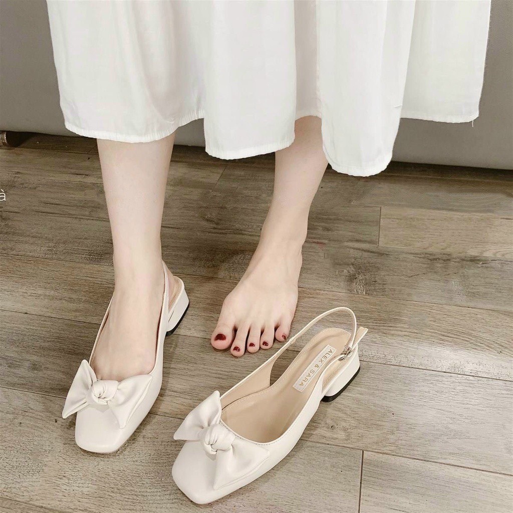 Giày búp bê nữ đế 3p hở gót mũi vuông đính nơ xinh xắn da mềm êm chân - B38
