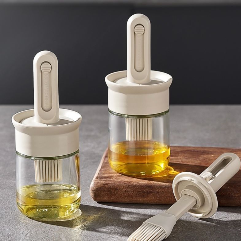 Lọ đựng gia vị lọ đựng dầu ăn thủy tinh kèm chổi phết dầu ăn mật ong chổi phết dầu đồ nướng màu kem nắp kín đồ gia dụng nhà bếp