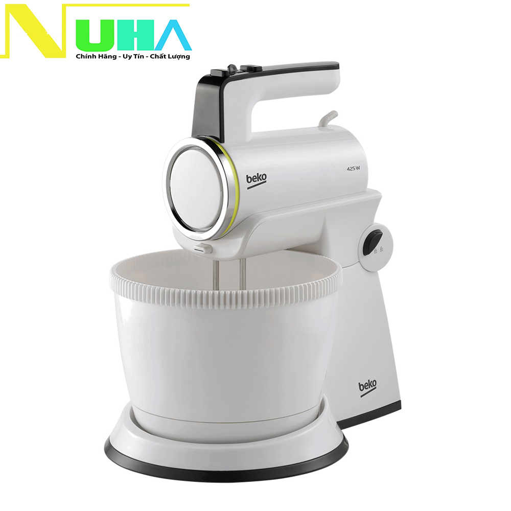 Máy đánh trứng để bàn Beko HMM7422W có tô trộn 3L tự động xoay, gồm que đánh trứng và trộn bột