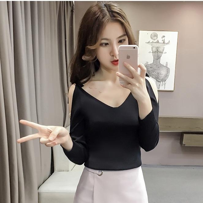 Hàng nhập : áo thun dệt kim tay dài, hở vai cột nơ xinh xắn – ak 206