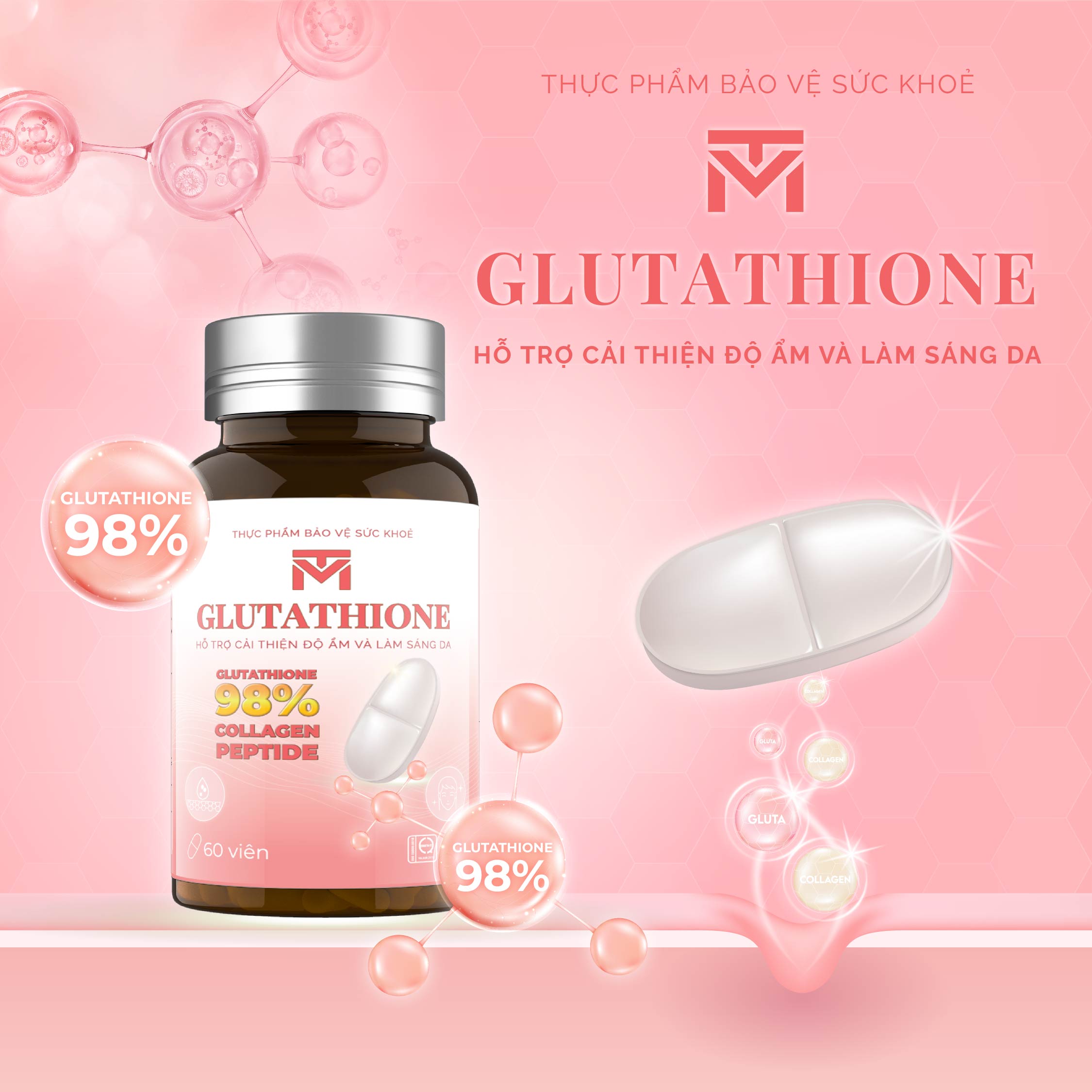 Viên uống trắng da Glutathione VTM hỗ trợ làm sáng da, giảm nám tàn nhàng, giúp căng bóng da - gói 60 viên