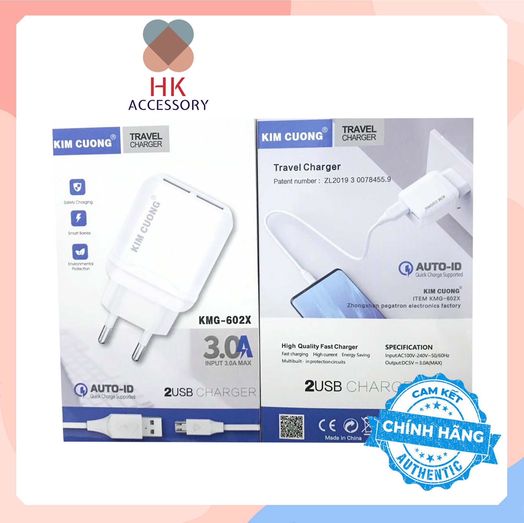 Bộ sạc nhanh kim cương kmg 602x có 02 cổng sạc 3.0a + kèm cáp micro usb hàng chính hãng