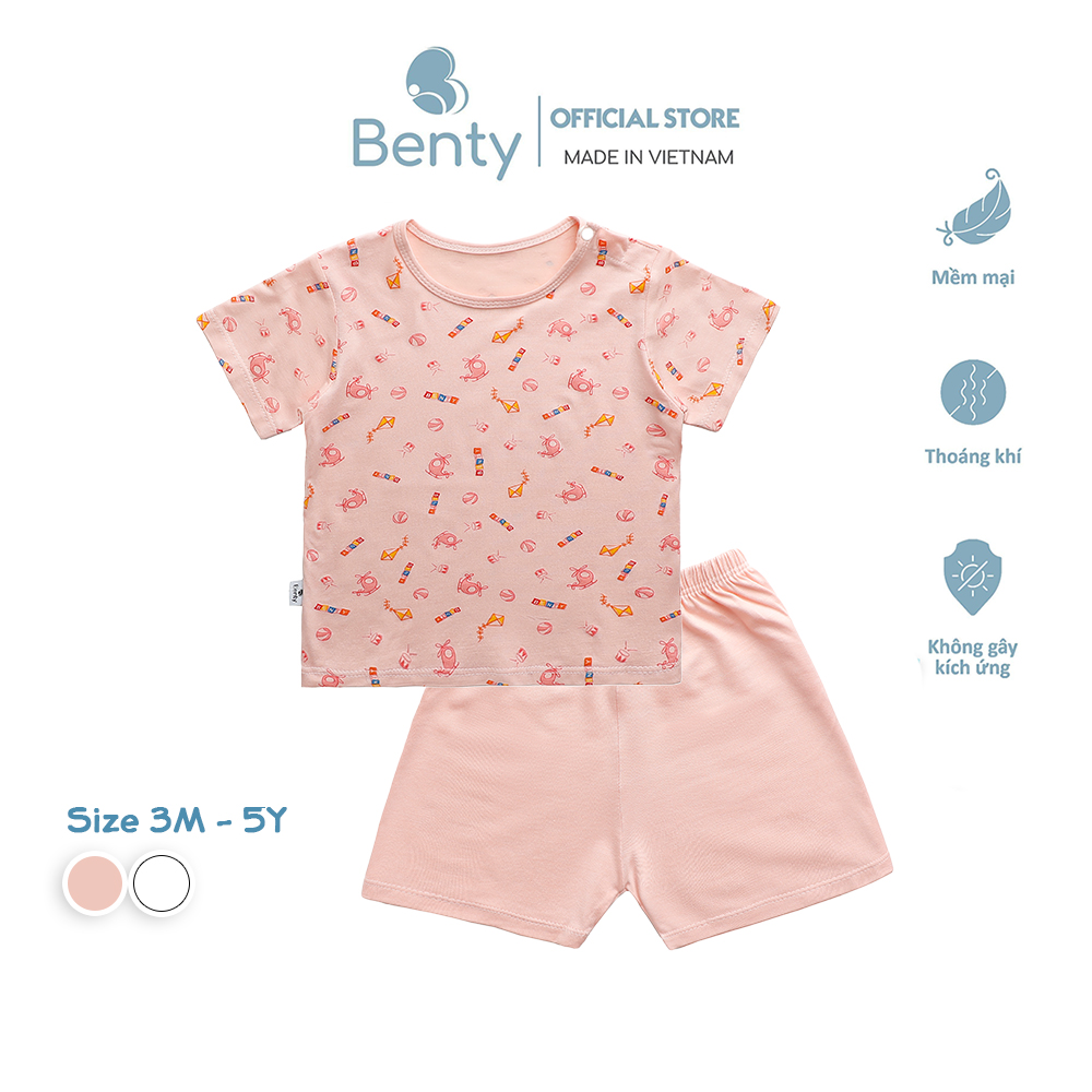 Bộ cộc tay cài vai họa tiết hồng BENTY mềm mịn mát, đồ bộ chất cotton bé mặc thoải mái