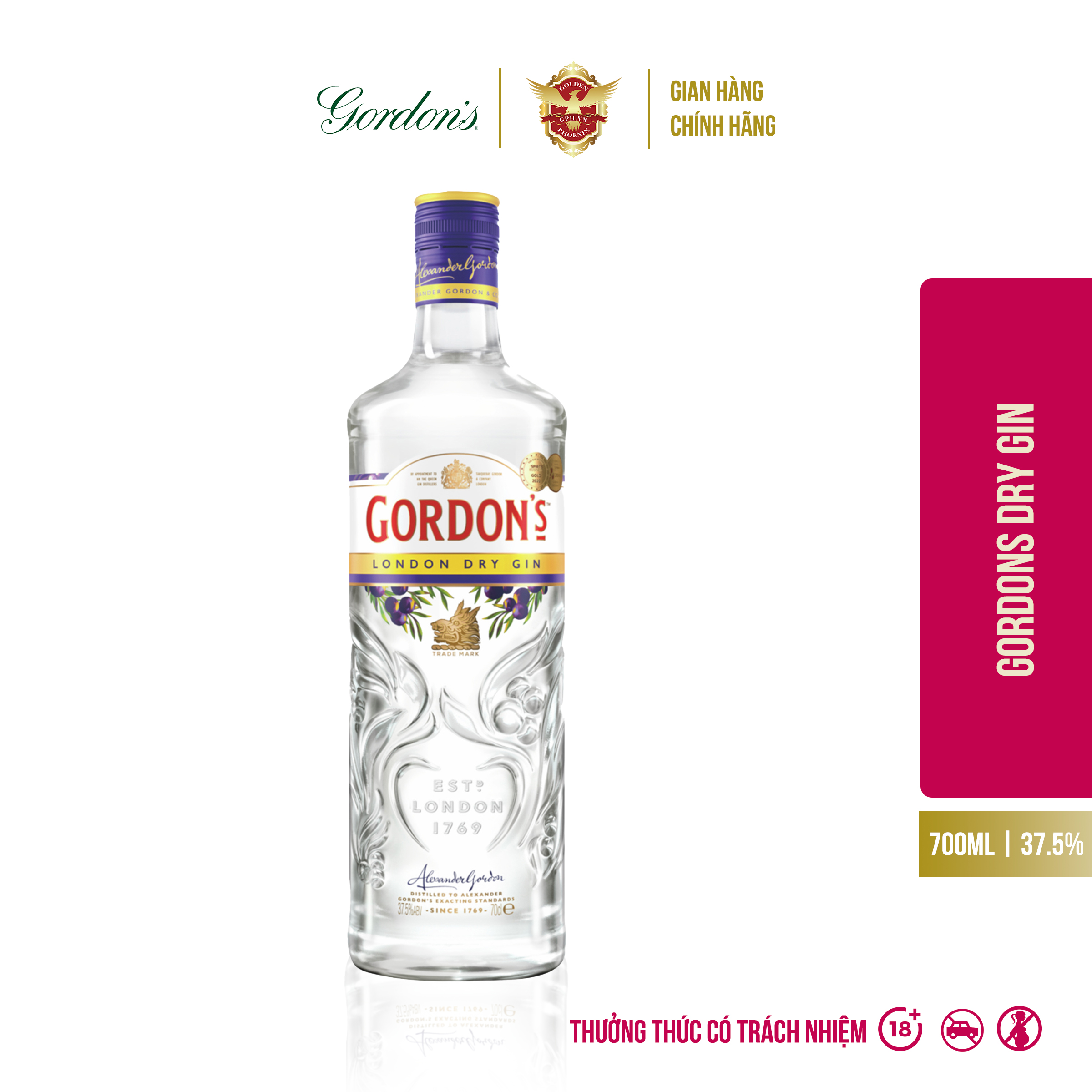 Rượu gordons dry gin 37.5% 700ml - rượu gin hương vị trái cây, thảo mộc tươi mát