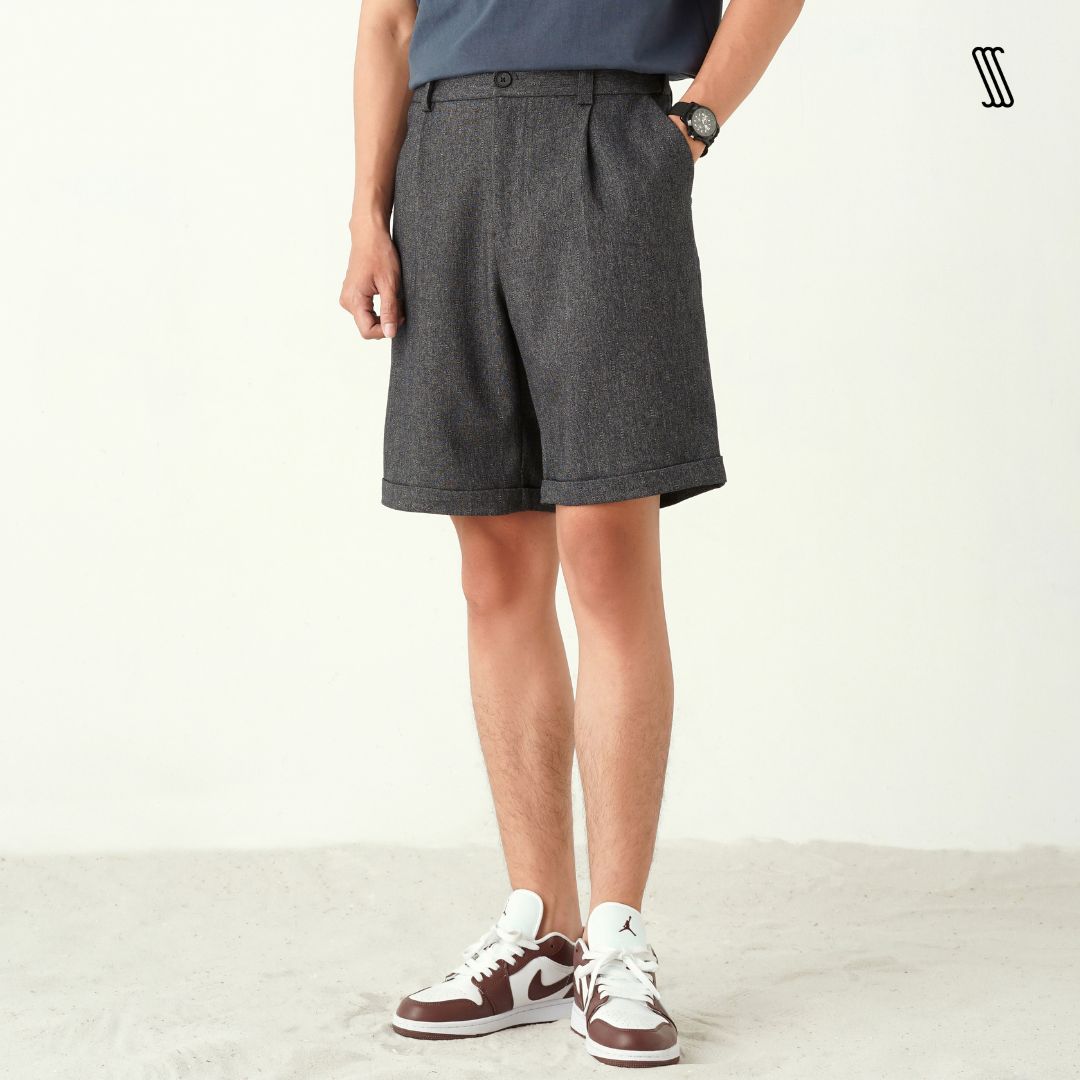 Quần short nam ssstutter, họa tiết kẻ chìm, gấu lơ vê gấp tôn dáng, surfer shorts