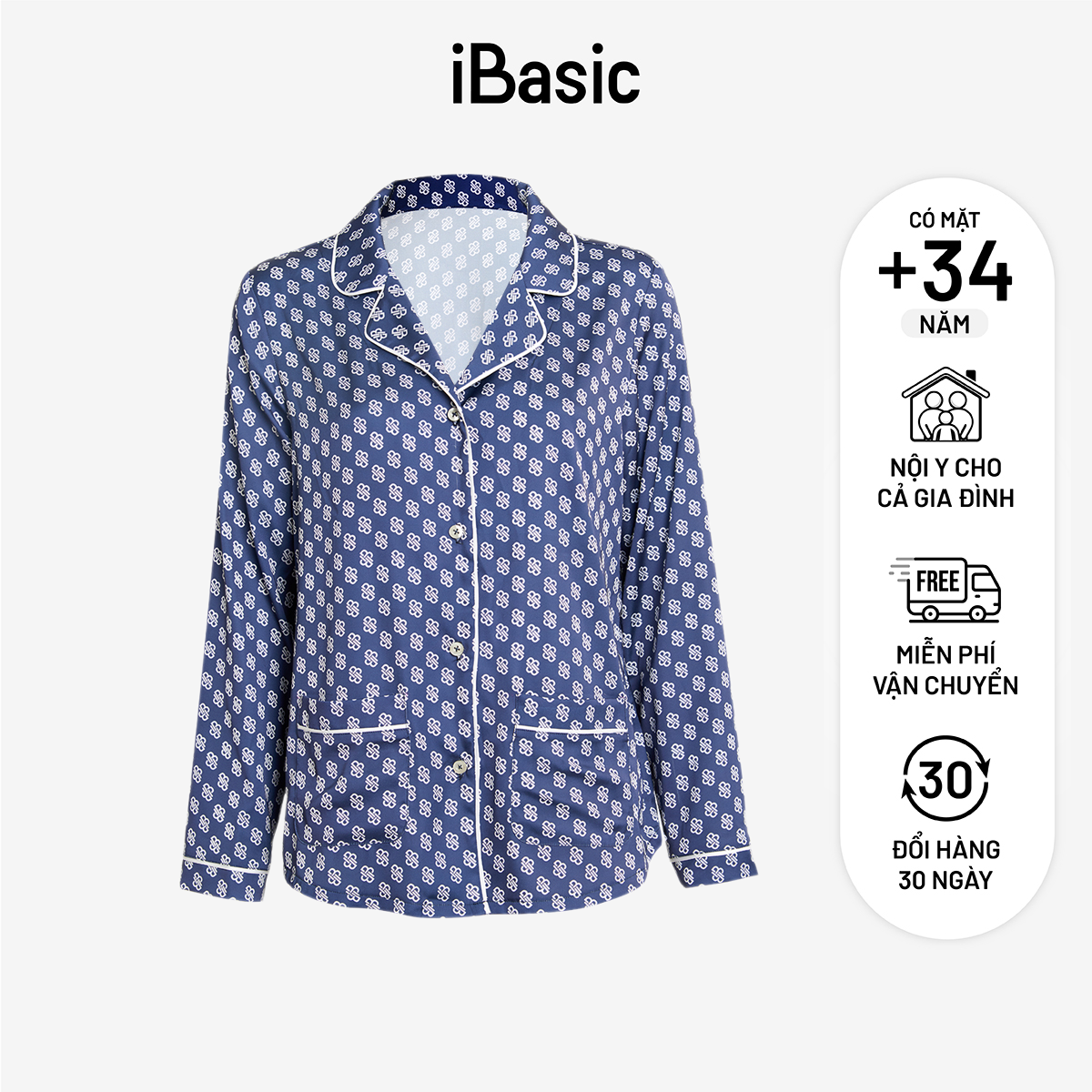 Áo pyjama nữ lụa mặc nhà Satin tay dài hoạ tiết icon iBasic HOMW029T