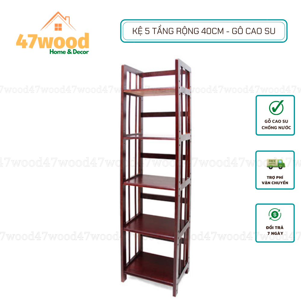 Kệ sách gỗ 5 tầng rộng 40cm, kệ gỗ cao su 5 tầng 40cm - kệ gỗ đa năng 5 tầng 40cm ( màu nâu )