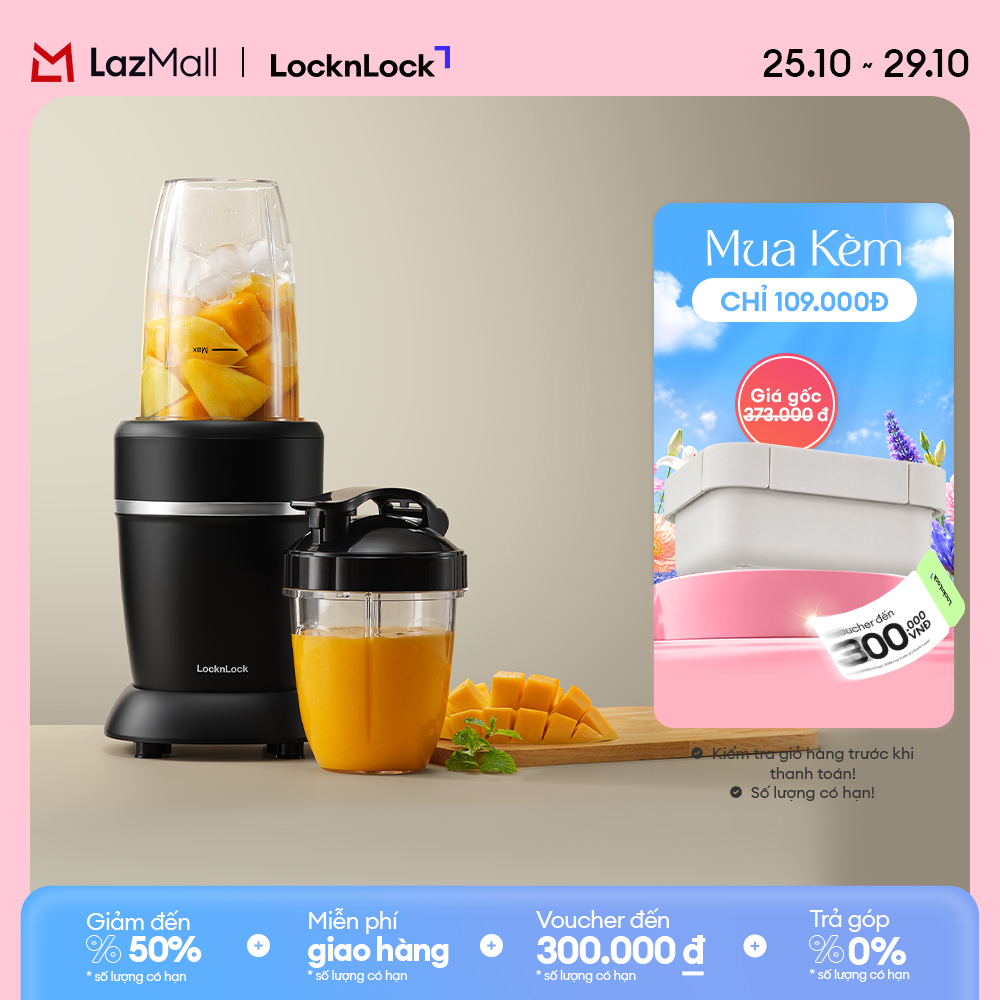 Máy xáy sinh tố LocknLock blender 2 bình đựng 950ml và 500ml xay đá chống trượt EJM452BLK