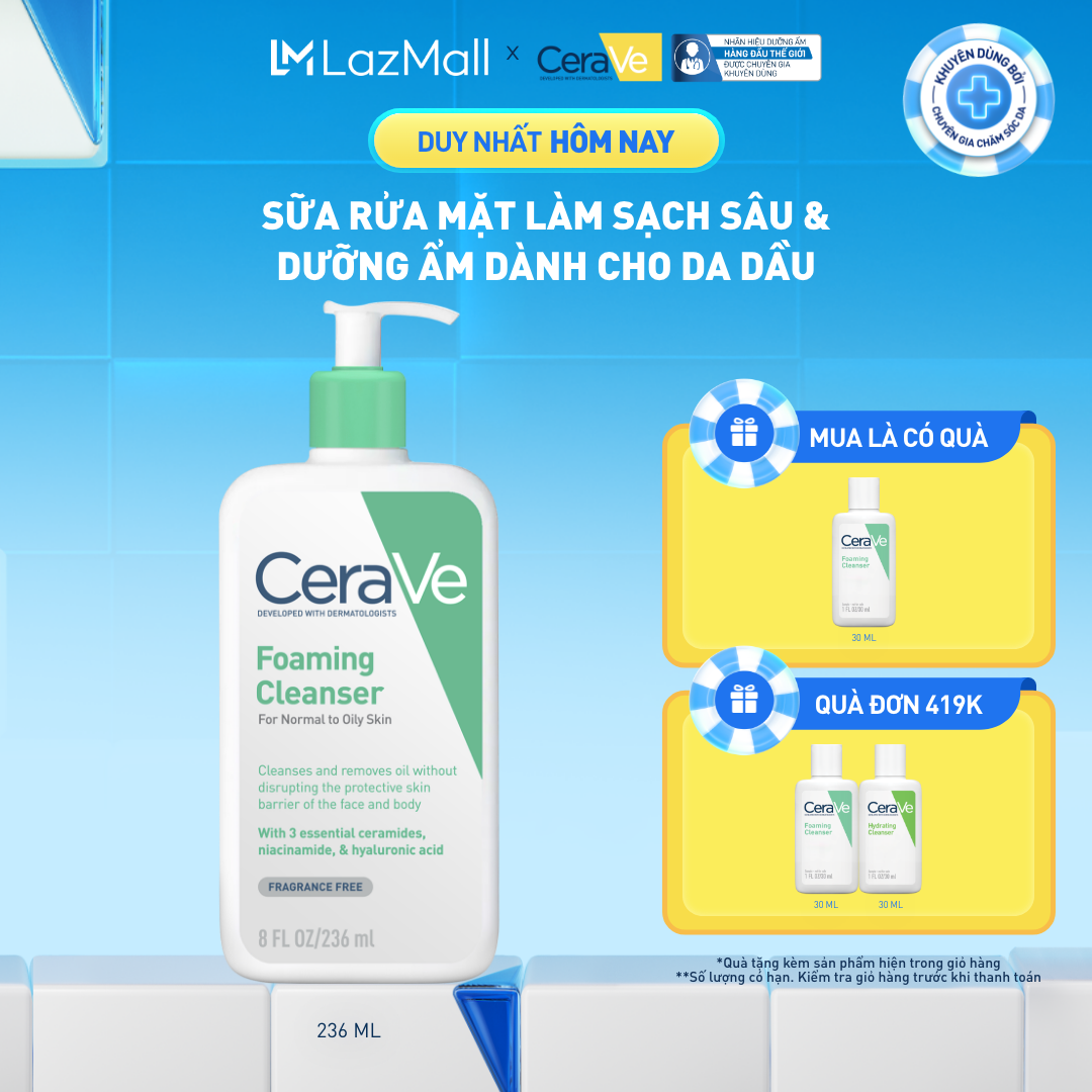 Sữa rửa mặt foaming giúp làm sạch sâu và dưỡng ẩm dịu nhẹ dành cho da dầu - CeraVe Foaming Facial Cleanser 236ML