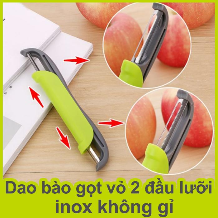 Dao bào gọt vỏ bằng inox 304 không gỉ, thiết kế 2 đầu lưỡi gồm 1 lưỡi trơn và 1 lưỡi răng cưa