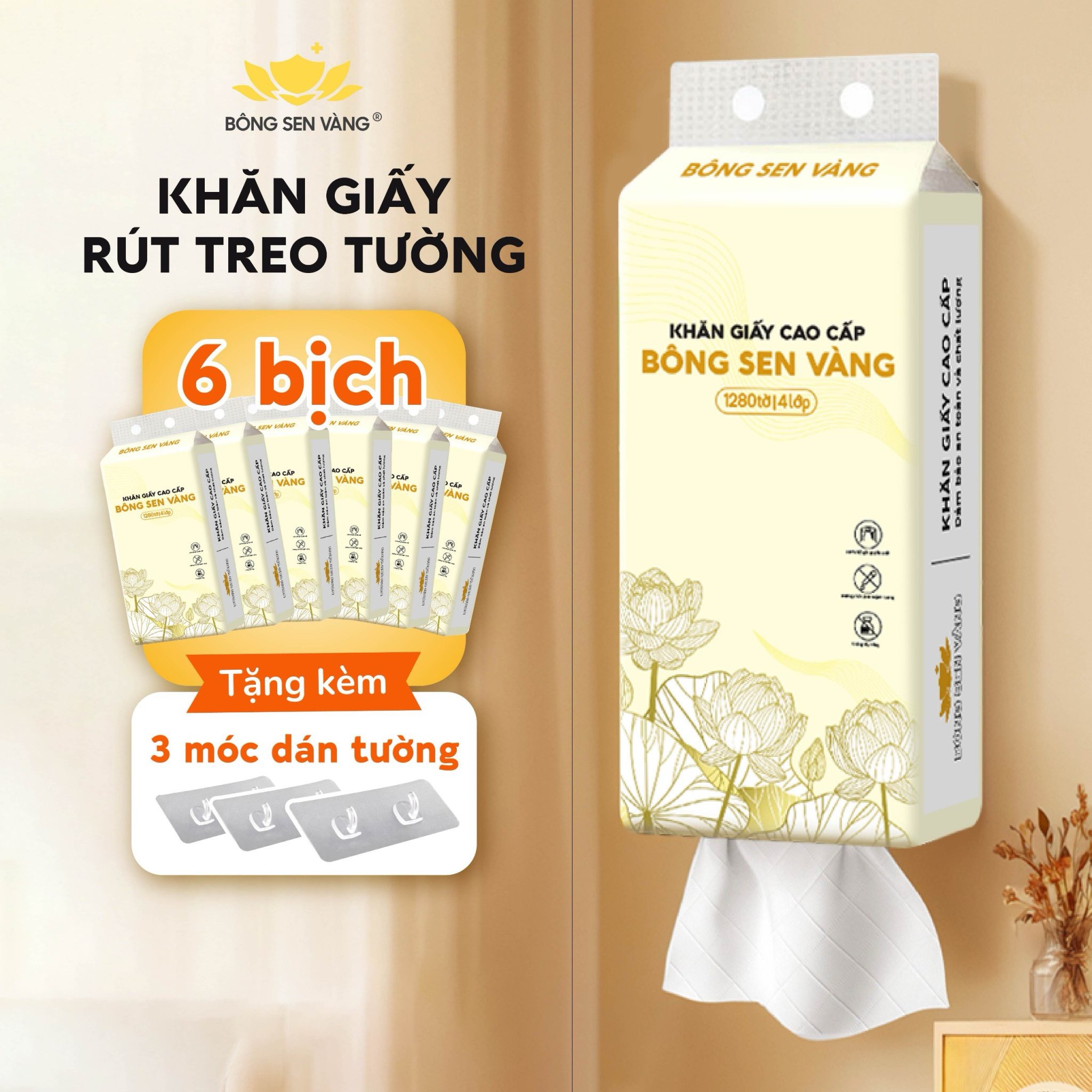Thùng 6 bịch khăn giấy rút Bông Sen Vàng (tặng 3 móc treo tường) Giấy Ăn Giấy Vệ Sinh