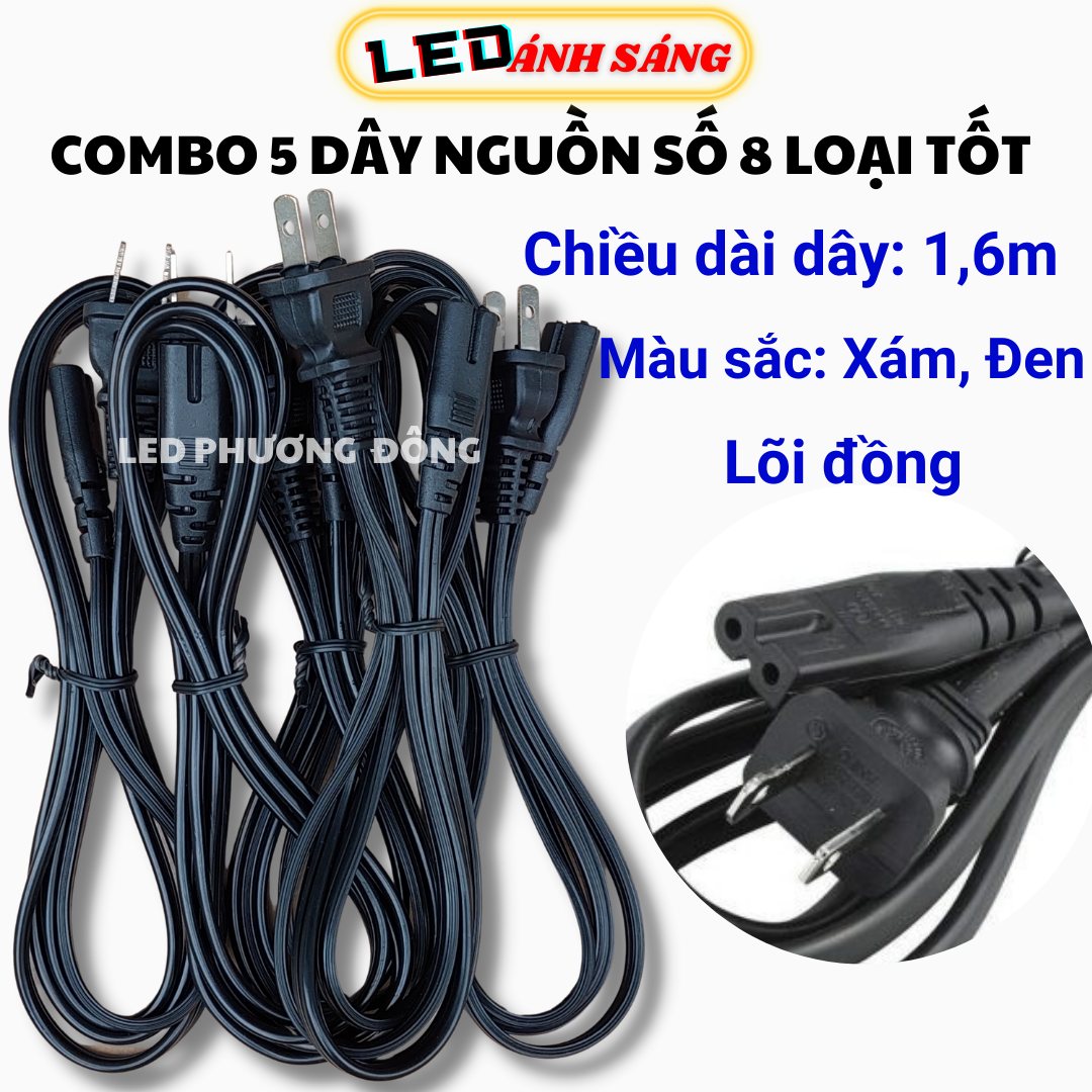 Combo 5 dây nguồn số 8 - loại tốt - dài 1,6m màu xám - đen