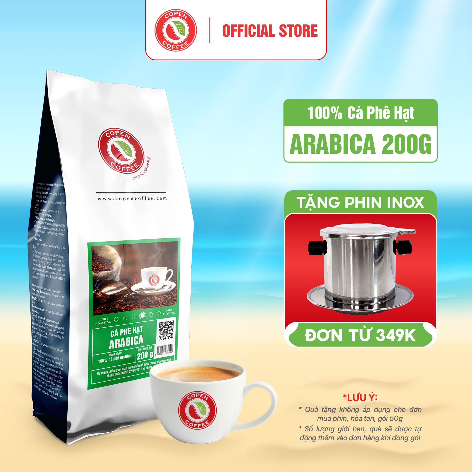 Cà phê hạt Arabica rang mộc nguyên chất Copen Coffee 200G -  dành cho pha phin gu đắng nhẹ, thơm dịu