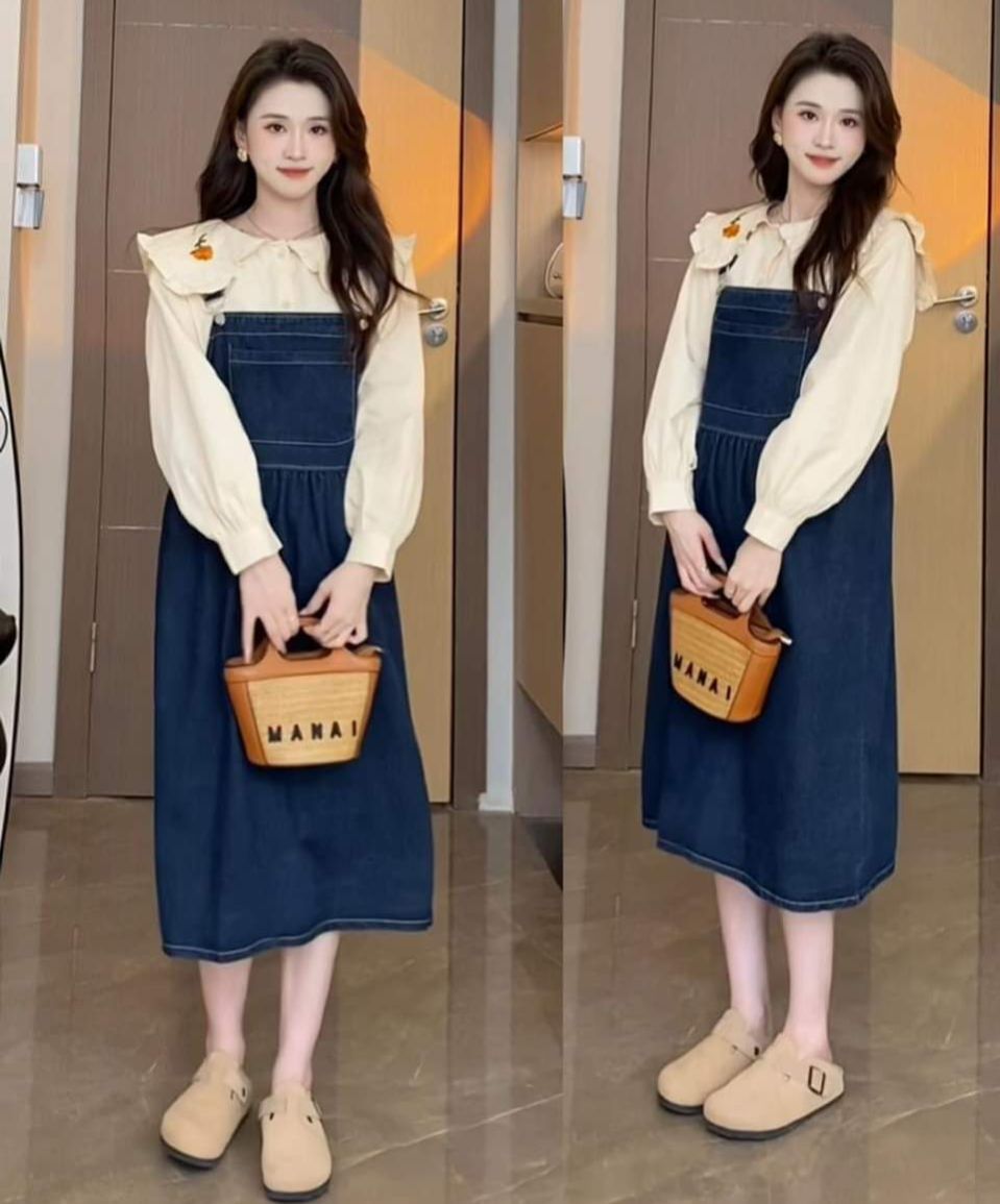 Set Váy bầu,đầm bầu bigsize gồm áo rời bên trong và yếm denim