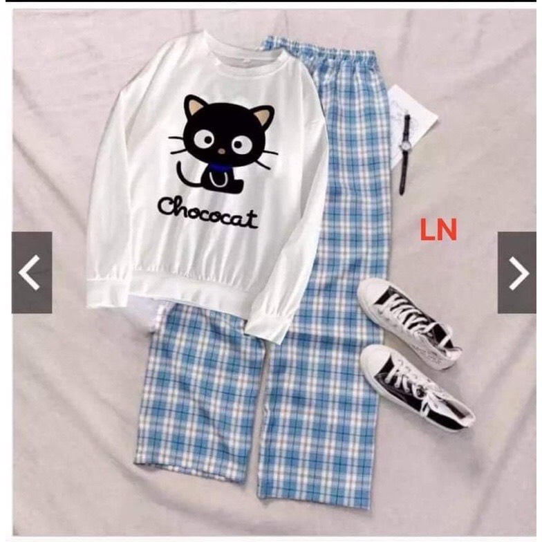 Sét áo mèo cat tay bo+quần kẻ LN11