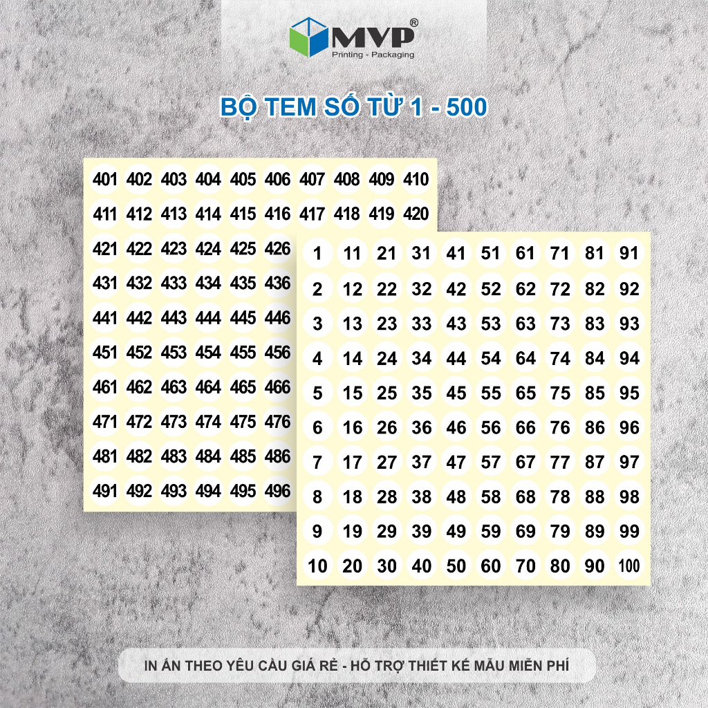 Tem số dán chai sơn từ 1 - 500, bộ tem số thứ tự 1 - 100 - 200 - 300 - 400 - 500