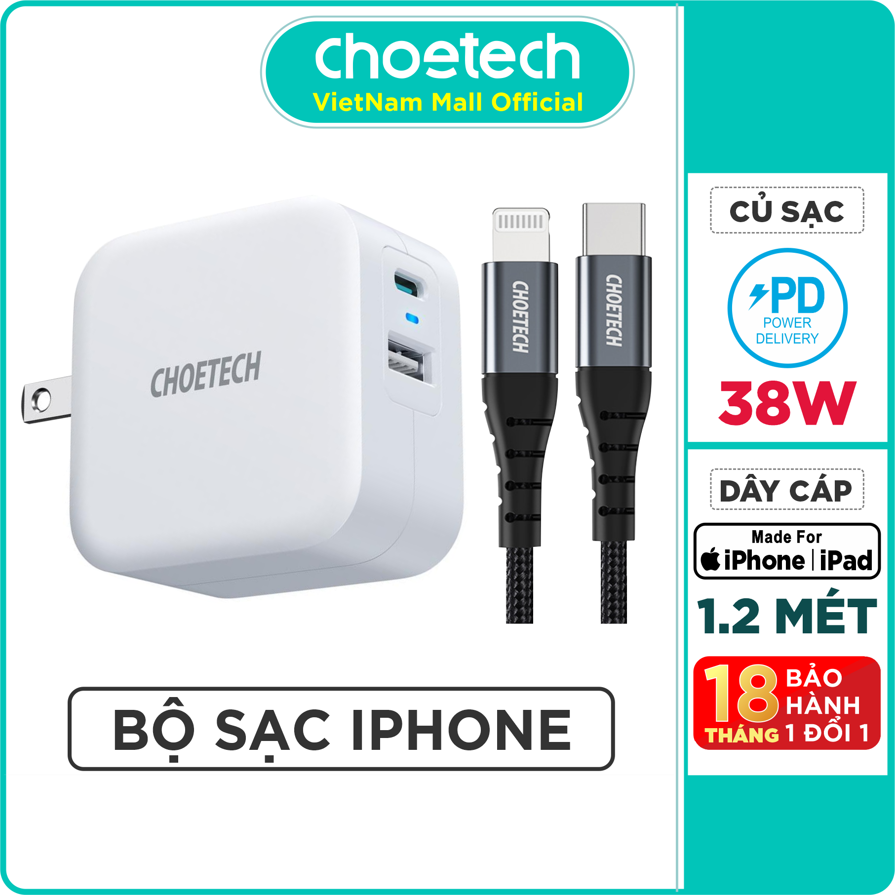 Bộ Củ Sạc CHOETECH QC 3.0 & PD 3.0 38W PD5002-W + Cáp Type C To Lightning MFI Apple 1.2M IP0039 Sạc Nhanh iPhone - Hàng Chính Hãng