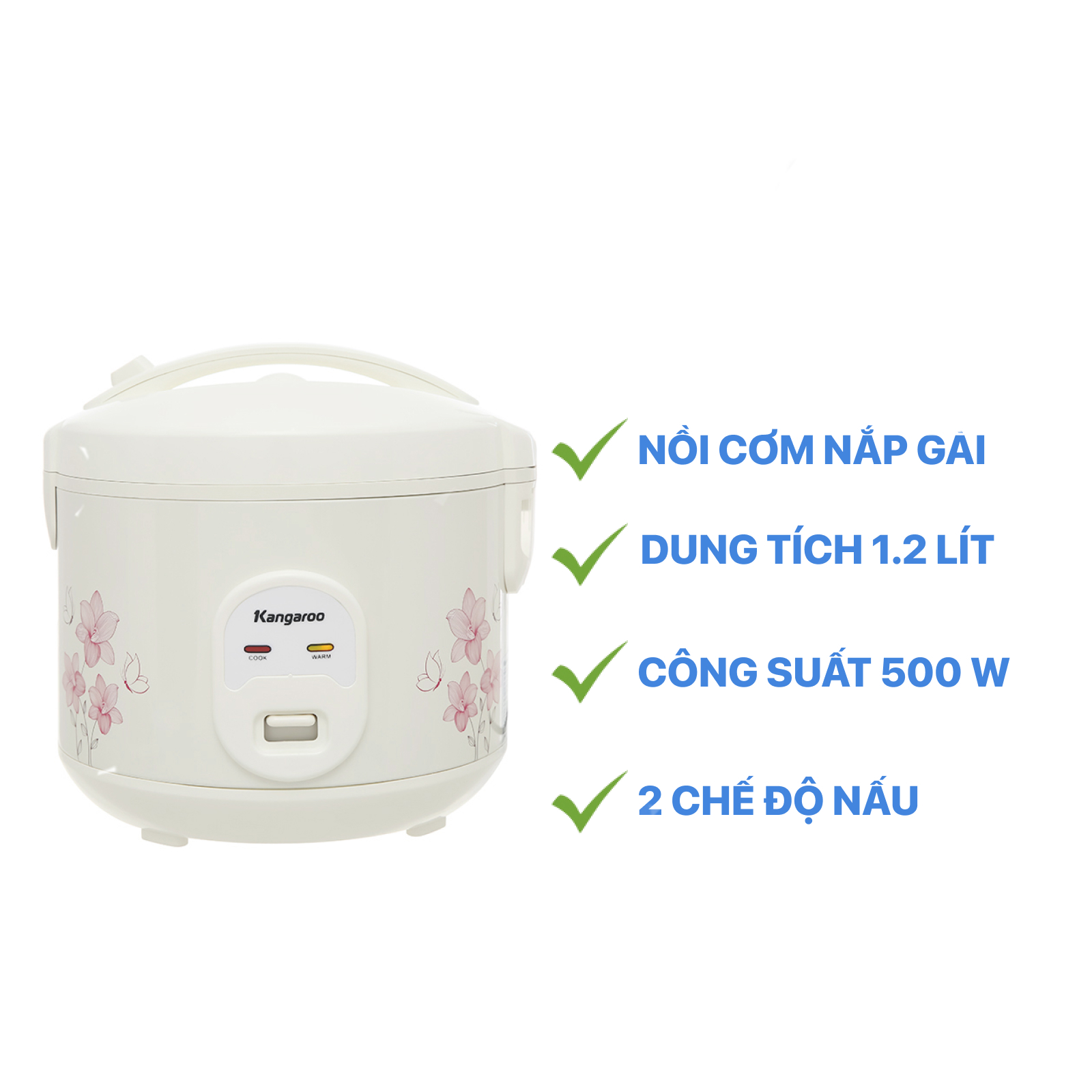 Nồi cơm điện nắp gài kangaroo kg12rc1 1.2 lít 500 w lòng nồi chống dính - chính hãng bh 12 thángtrưng bày điện máy