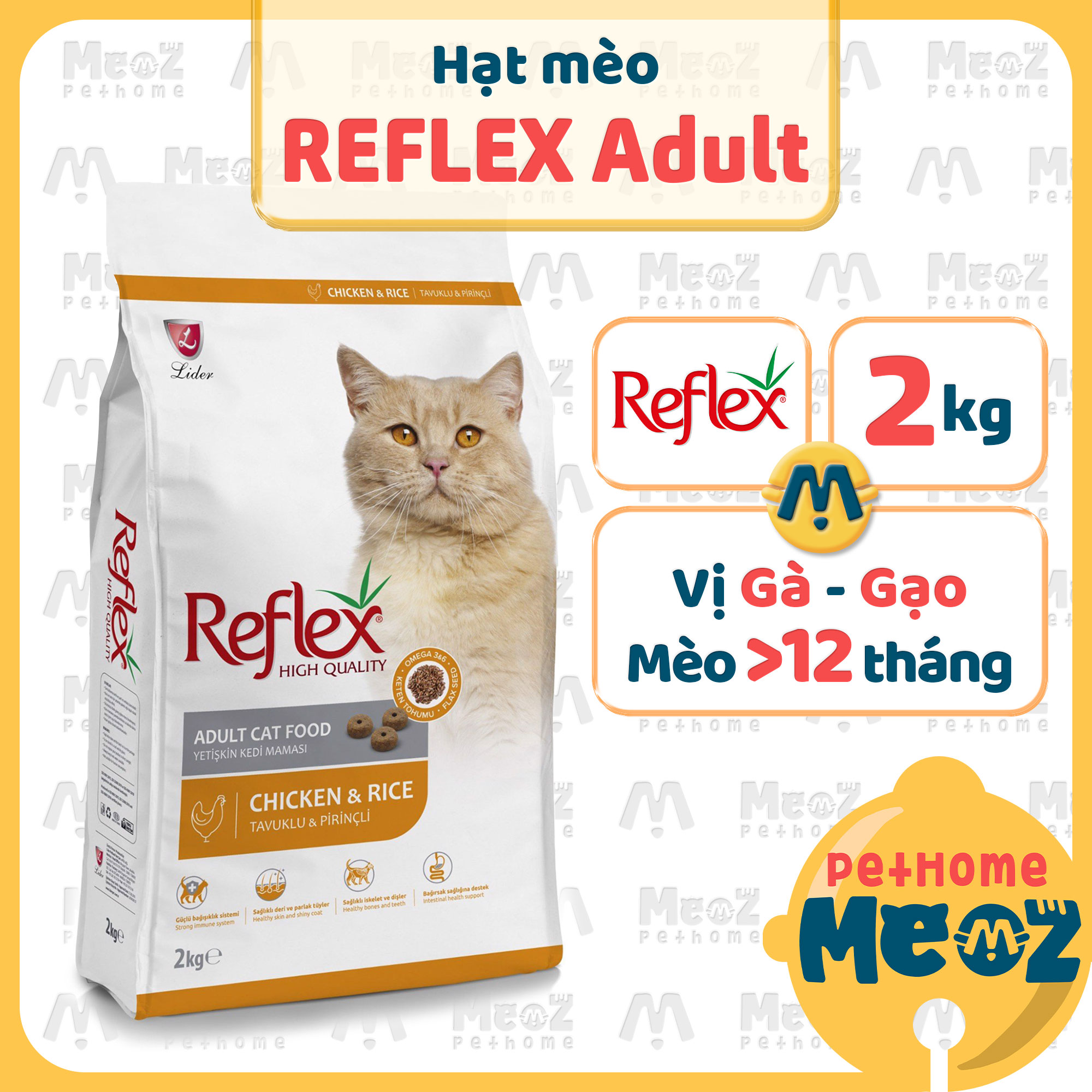 Hạt cho mèo Reflex Chicken Adult | Thức ăn mèo trưởng thành vị gà và gạo Reflex bao 2 kg nguyên seal