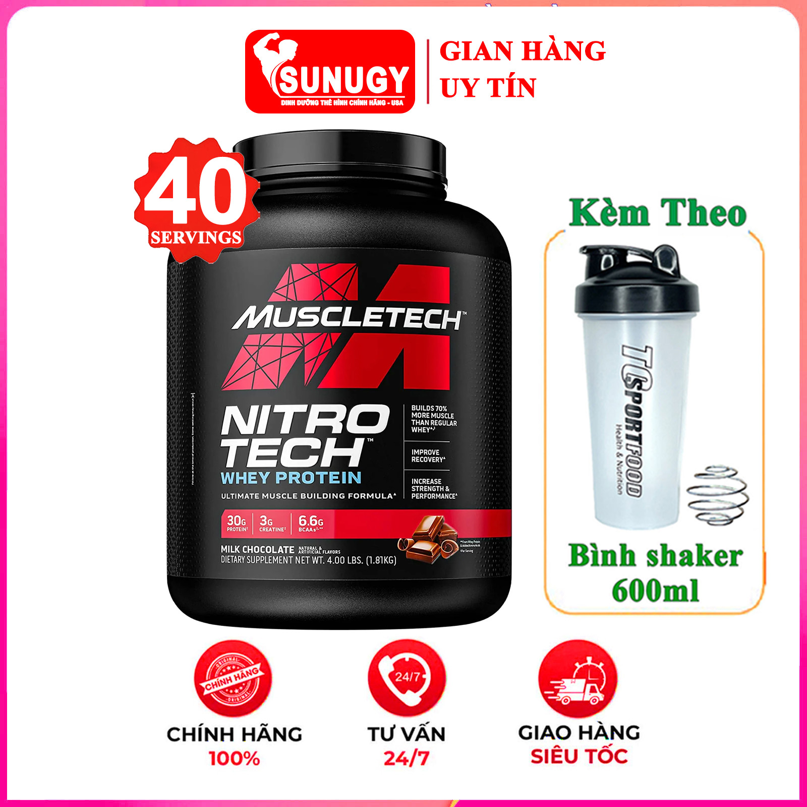 [TẶNG BÌNH] Sữa tăng cơ cao cấp Whey Protein Nitro Tech của MuscleTech hộp 1.8 kg hỗ trợ tăng cơ giảm cân đốt mỡ tăng sức bền sức mạnh vượt trội cho người tập gym và chơi thể thao