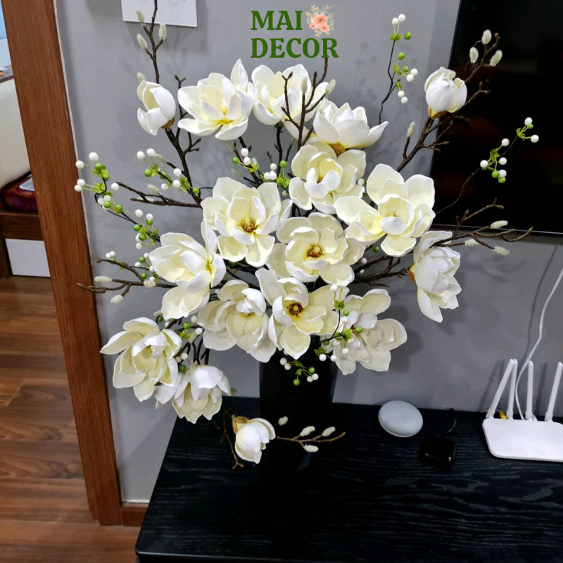 Hoa mộc lan cành 6 bông, hoa giả xốp PU cao cấp trang trí nhà cửa, cafe, sảnh cưới - Mai Decor