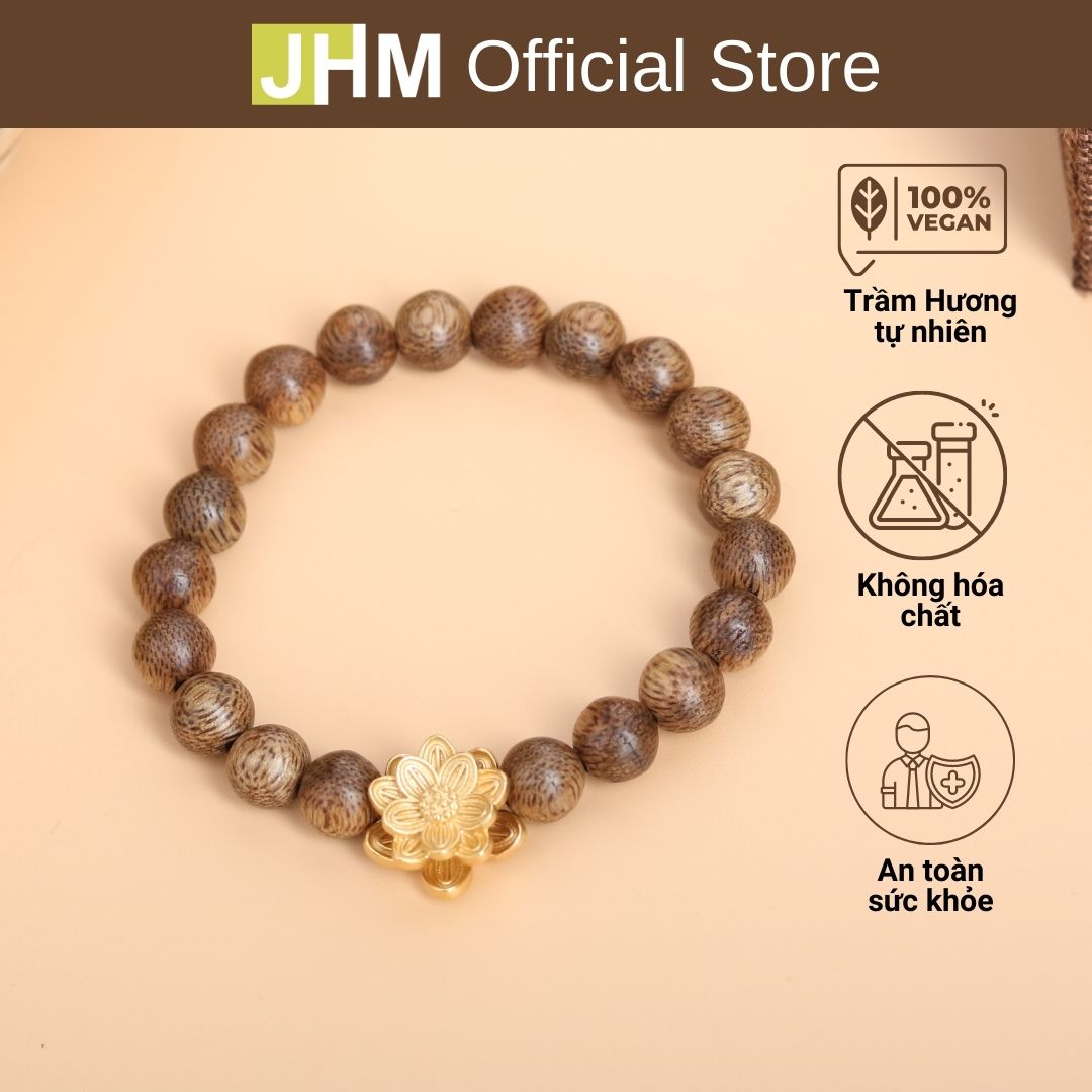 Vòng tay trầm hương mix hoa sen JHM vòng tay trầm hương tròn đơn mix charm hoa sen mang ý nghĩa sum họp yên vui