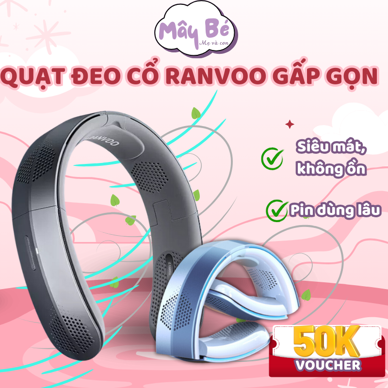 Quạt đeo cổ RAVOO điều hòa mini, quạt treo cổ gió thổi 4 chiều, mô phỏng gió trời, dùng đến 18h