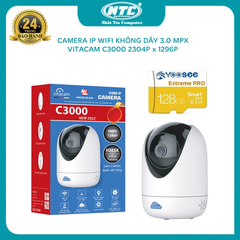 Camera IP wifi Vitacam C3000 3.0MPX FullHD+ phân giải 1296P x 1080 - đàm thoại 2 chiều, quan sát rộng, xoay 360 độ (Trắng) - Nhất Tín Computer