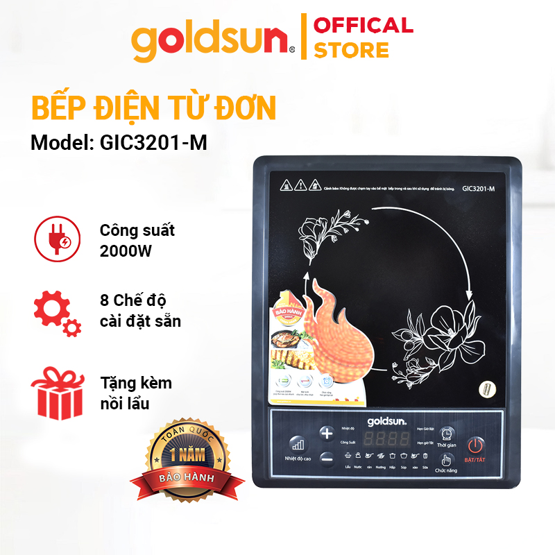 Bếp điện từ goldsun gic3201-m, bếp từ đơn tặng kèm nồi inox, hàng chính hãng bh 12 tháng trên toàn quốc