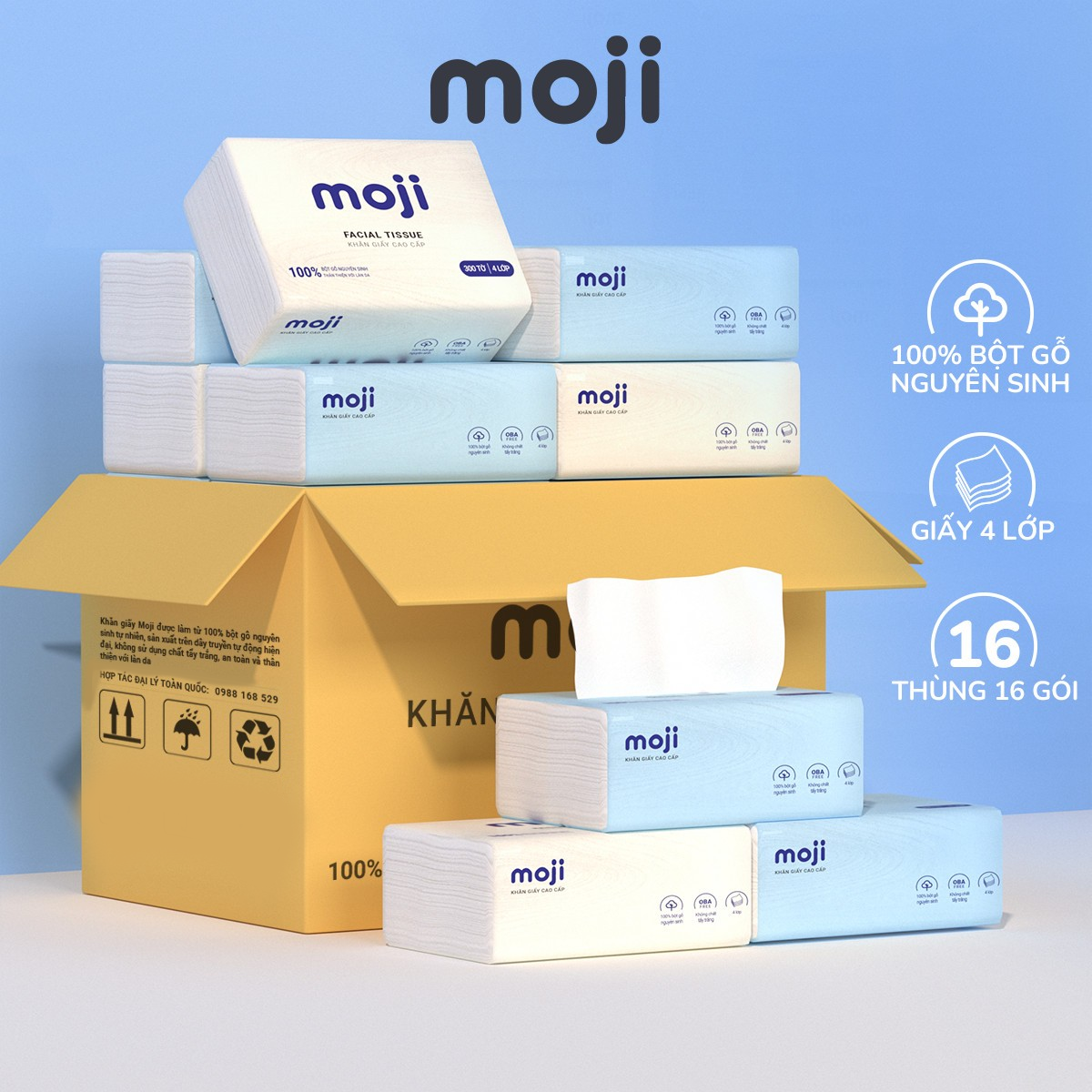 Thùng giấy ăn gấu trúc dạng rút, khăn giấy MOJI 4 lớp cao cấp tiện lợi làm hoàn toàn từ bột gỗ nguyên sinh tự nhiên