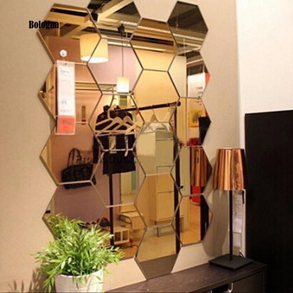 Set 12 miếng Gương dán tường 3D trang trí nhà cửa hình lục giác SIZE LỚN