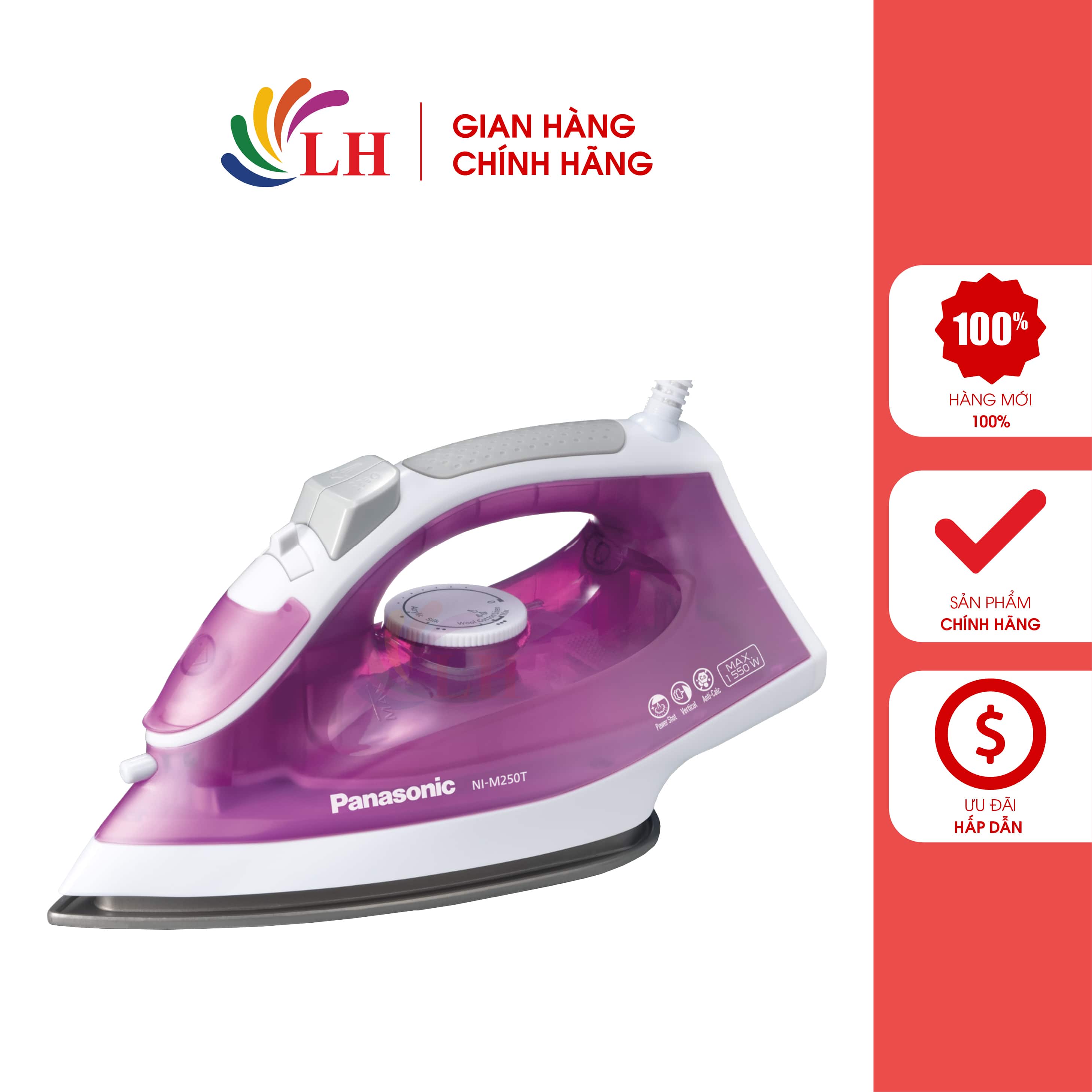 Bàn ủi hơi nước Panasonic NI-M250TPRA - Hàng chính hãng - Công suất 1550W, mặt đế phủ chống dính, phun hơi nước mạnh mẽ, hệ thống chống vôi hóa