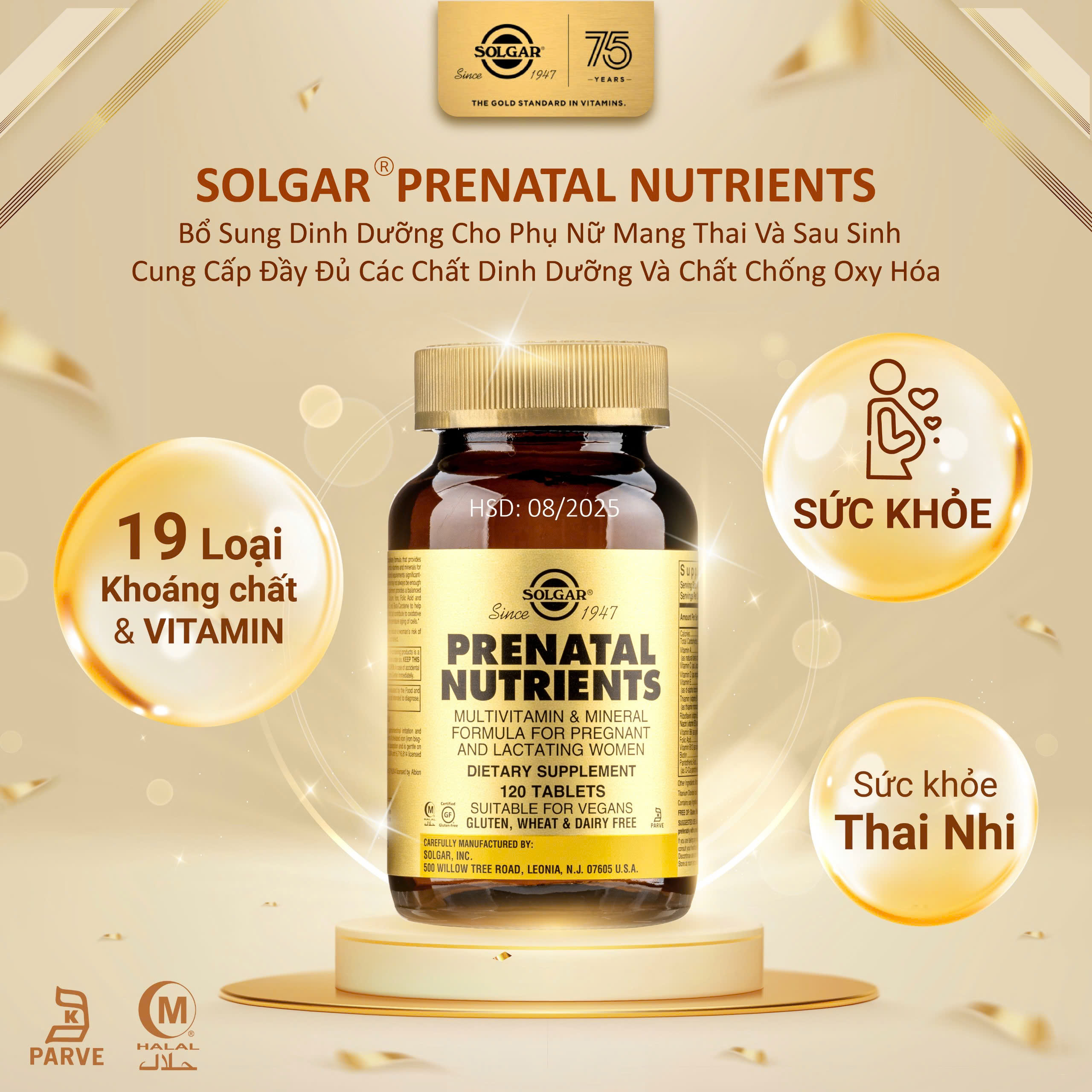 Viên Uống Solgar Prenatal Nutrients Vitamin Tổng Hợp - Bổ Sung Dinh Dưỡng Cho Phụ Nữ Mang Thai Và Sau Sinh HSD: 08/2025 [Lọ 120 Viên]