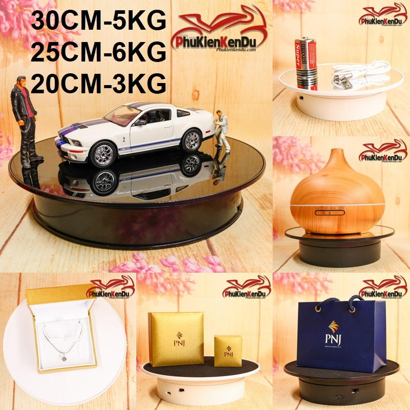 Bàn xoay, đế xoay 360,15cm,19cm,20cm,25cm,30cm, tải 3kg-40kg, xoay mô hình, kính, giày dép,nguồn:pin+điện