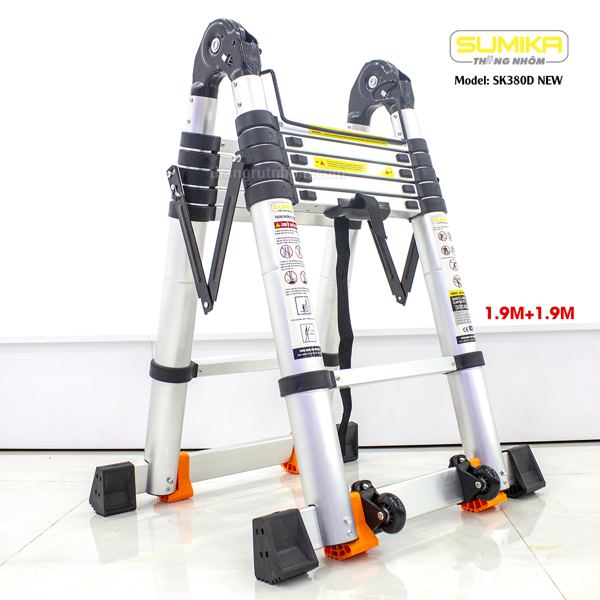 Thang nhôm rút gọn chữ A Sumika SK380D NEW - chữ A 1.9m, chữ I 3.8m, tải trọng 300kg