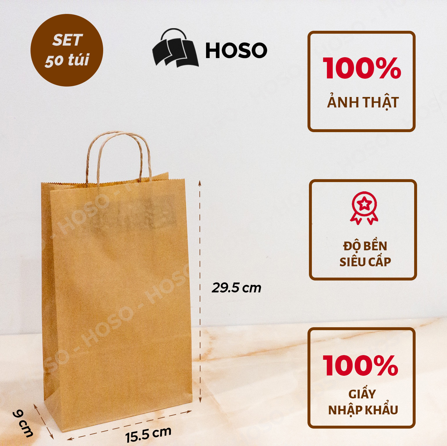 [Set 50 cái] Túi giấy kraft Nhật có quai V2 đựng quà, thực phẩm